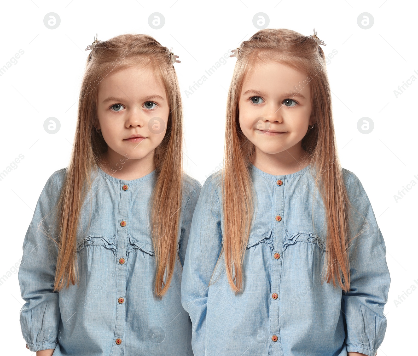 Image of Portrait of cute twin sisters on white background