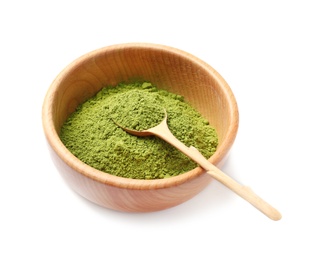 Wooden bowl with powdered matcha tea on white background