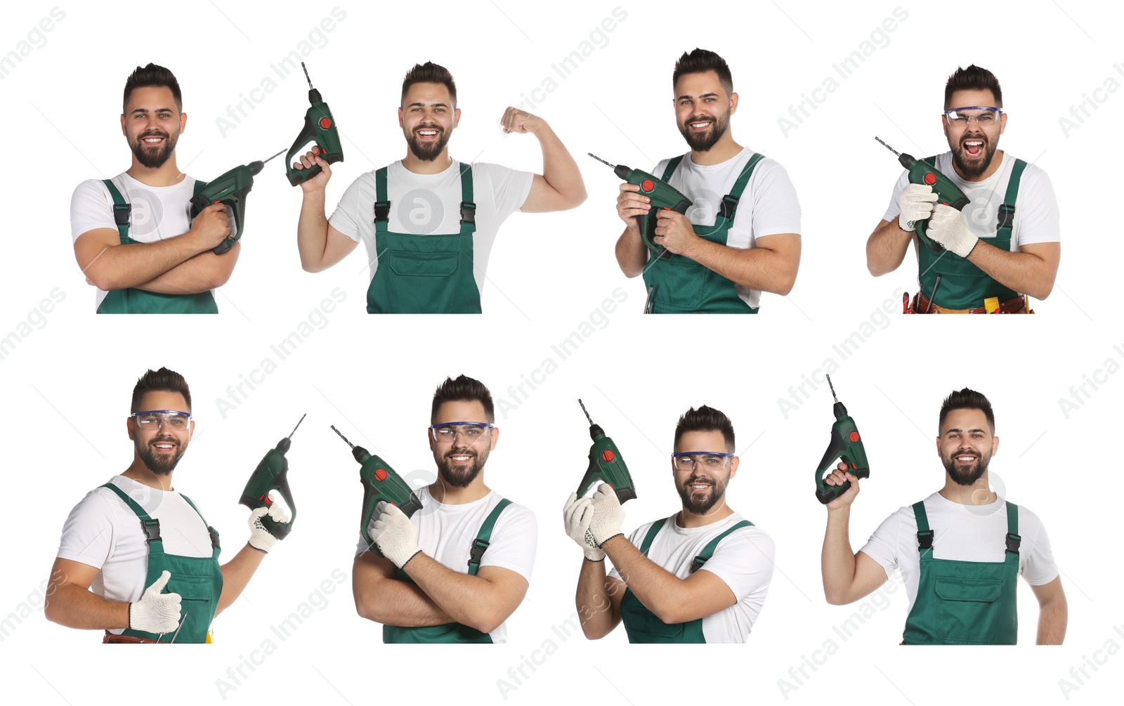 Image of Collage with photos of young worker in uniform with power drill on white background