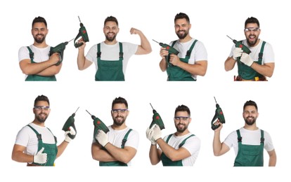 Image of Collage with photos of young worker in uniform with power drill on white background