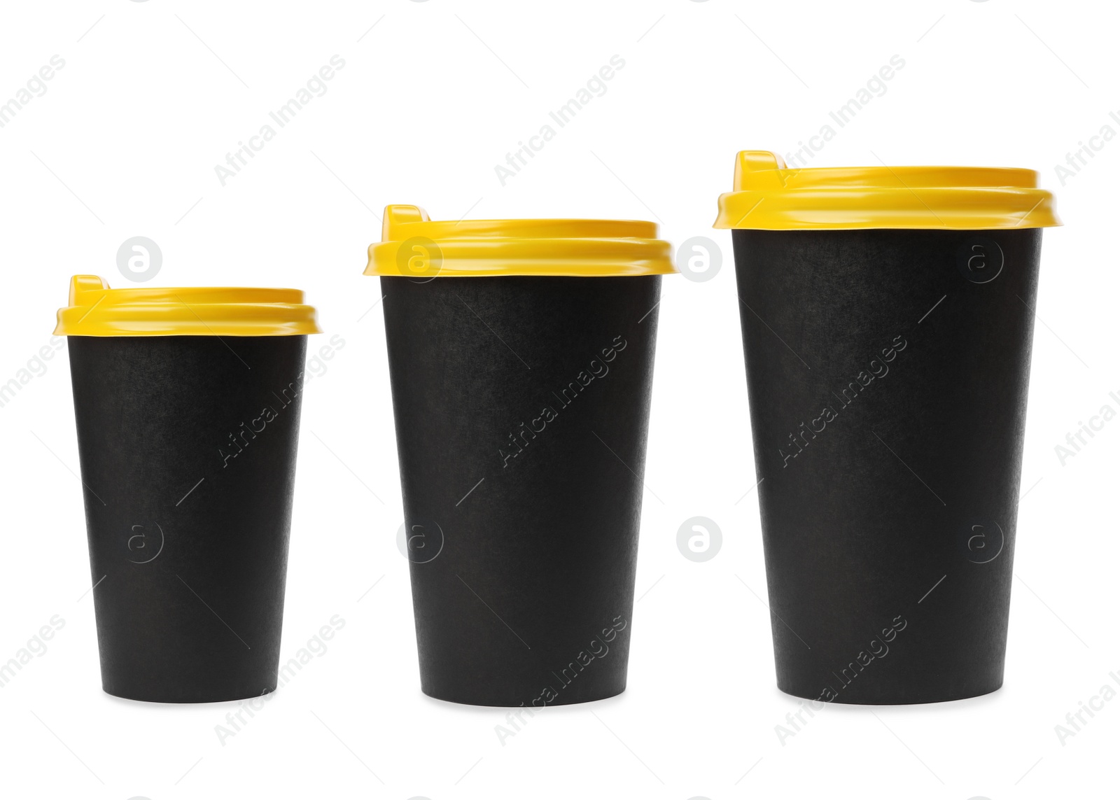 Image of Paper coffee cups of different sizes on white background, collage