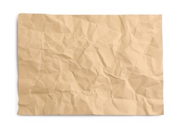 Photo of Sheet of crumpled brown paper on white background, top view