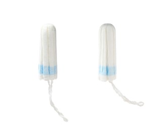 Image of Two tampons on white background, collage. Menstrual hygiene product