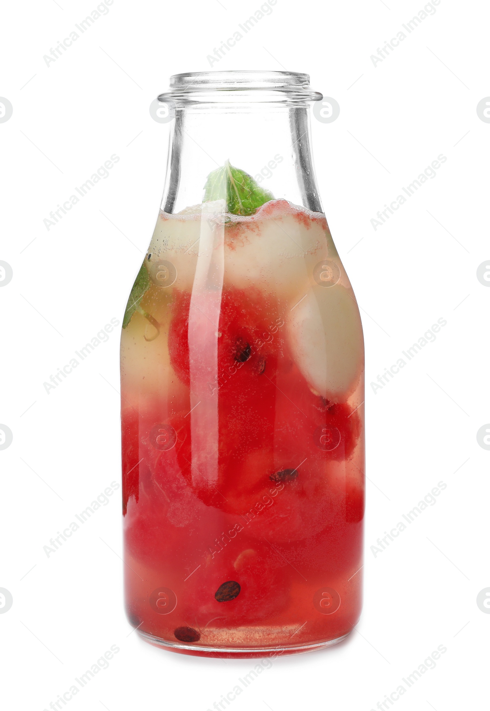 Photo of Bottle with watermelon and melon ball drink on white background