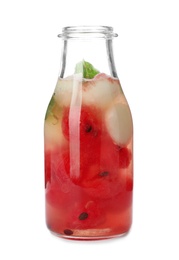 Photo of Bottle with watermelon and melon ball drink on white background