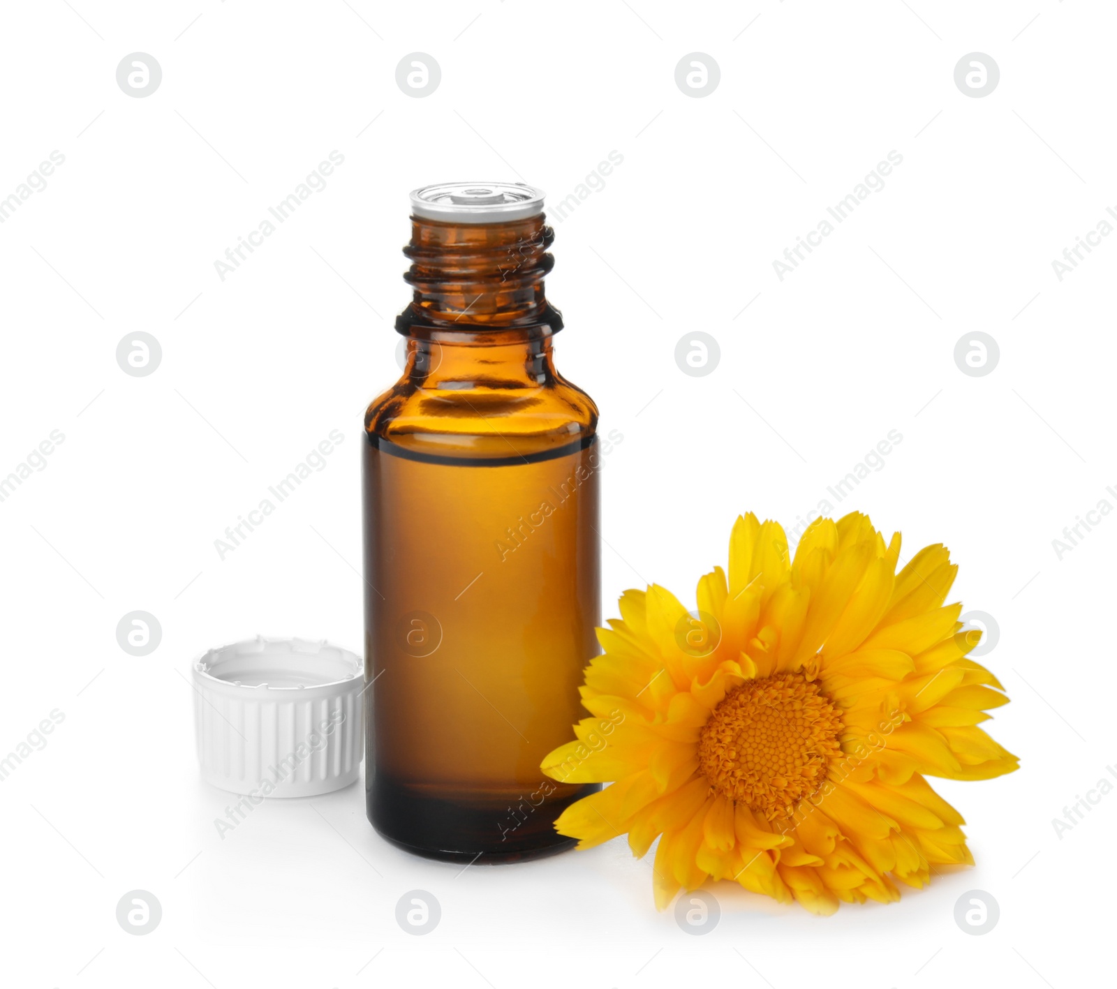 Photo of Bottle of essential oil and flower on white background