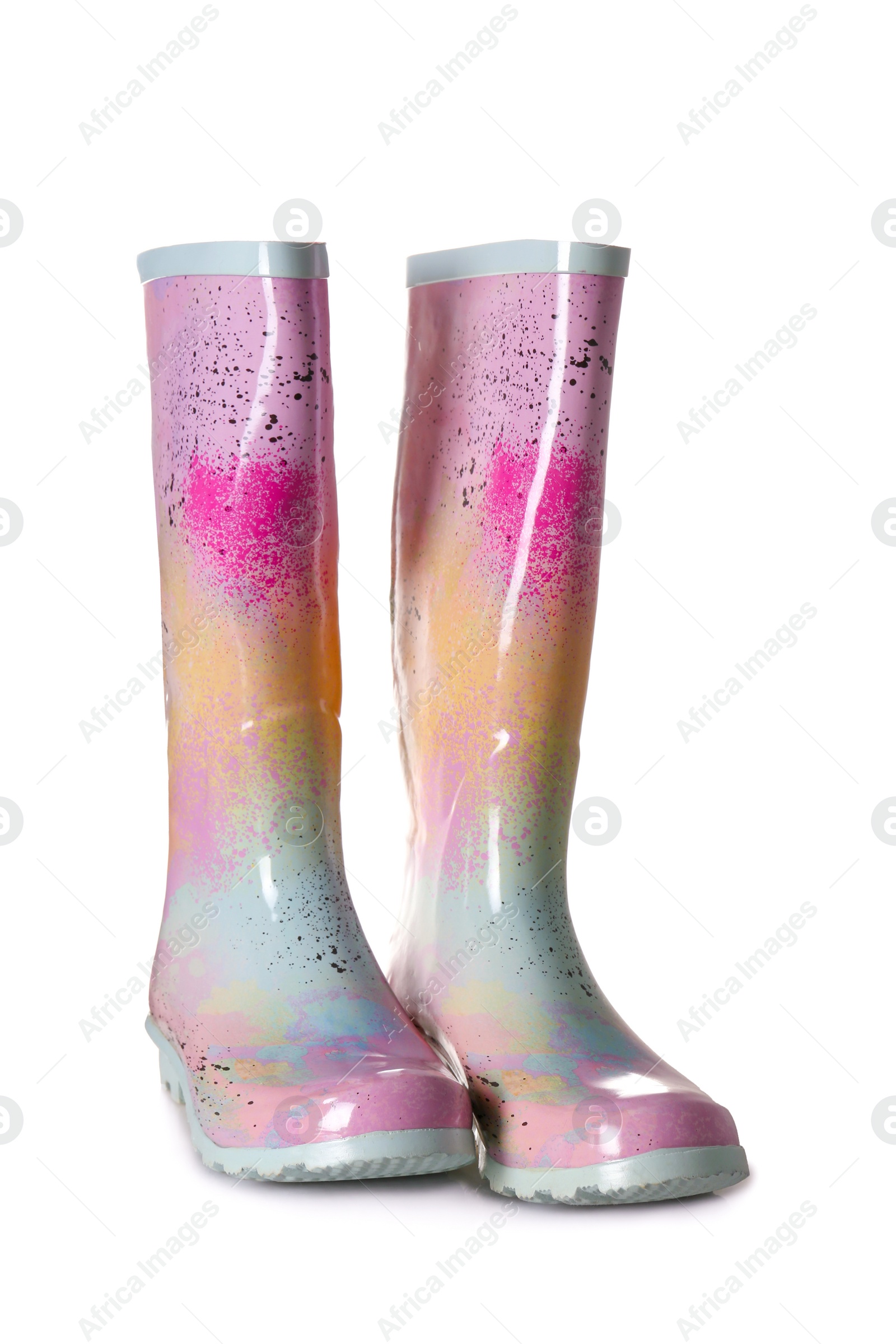 Photo of Pair of gumboots on white background. Female shoes