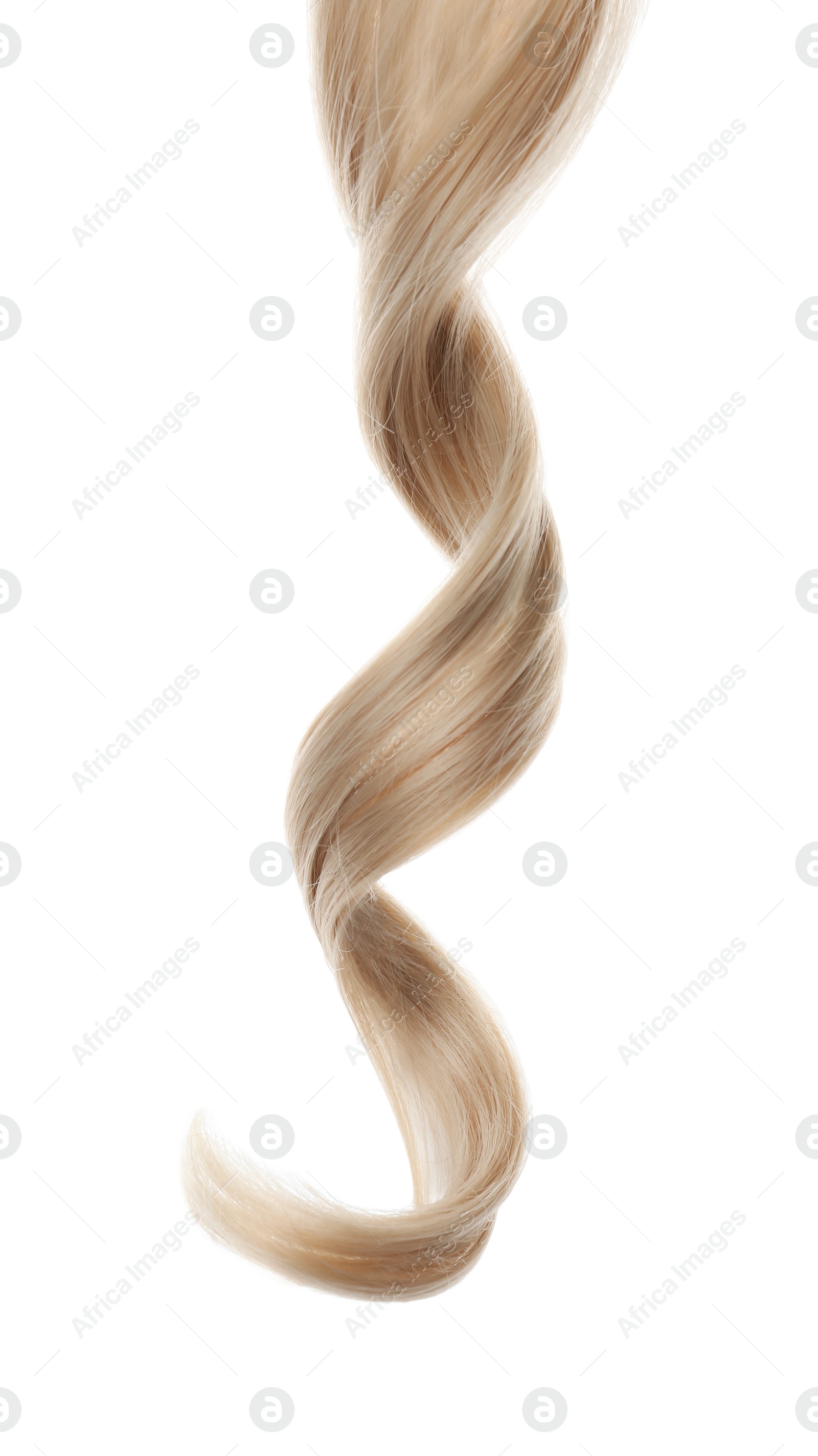 Photo of Lock of healthy hair on white background