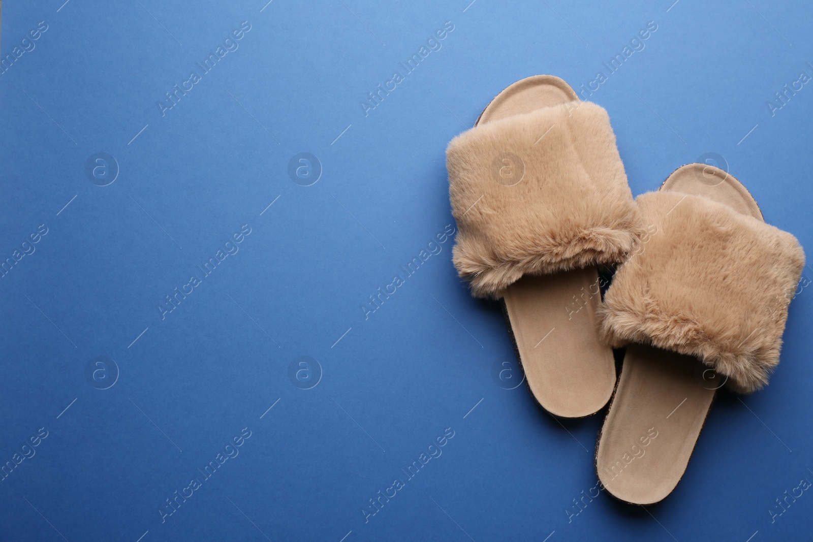 Photo of Pair of soft slippers on blue background, flat lay. Space for text