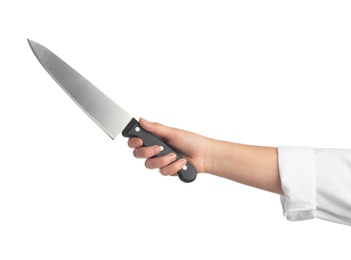 Photo of Woman holding chef's knife on white background, closeup