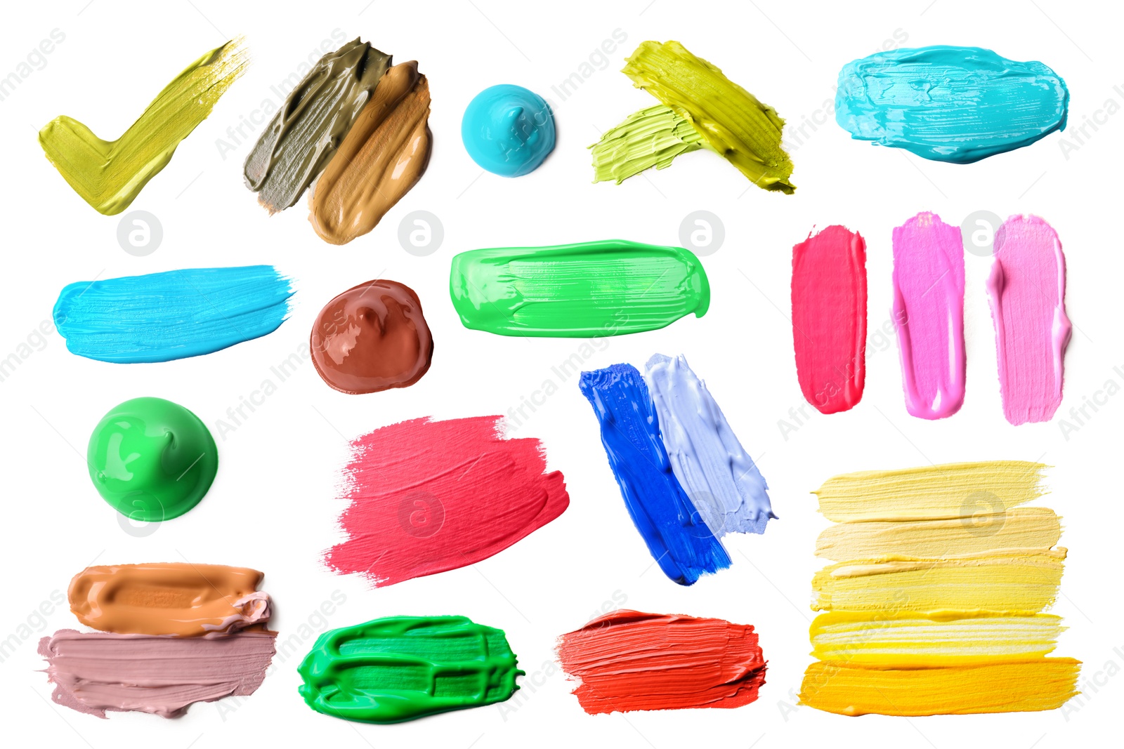 Image of Paint samples of different colors on white background, top view