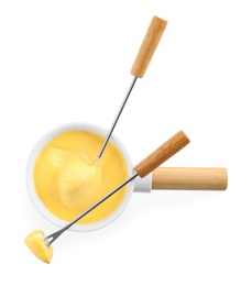 Pot of tasty cheese fondue and forks isolated on white, top view