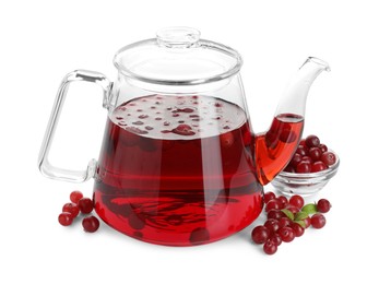 Teapot with delicious cranberry tea and berries isolated on white