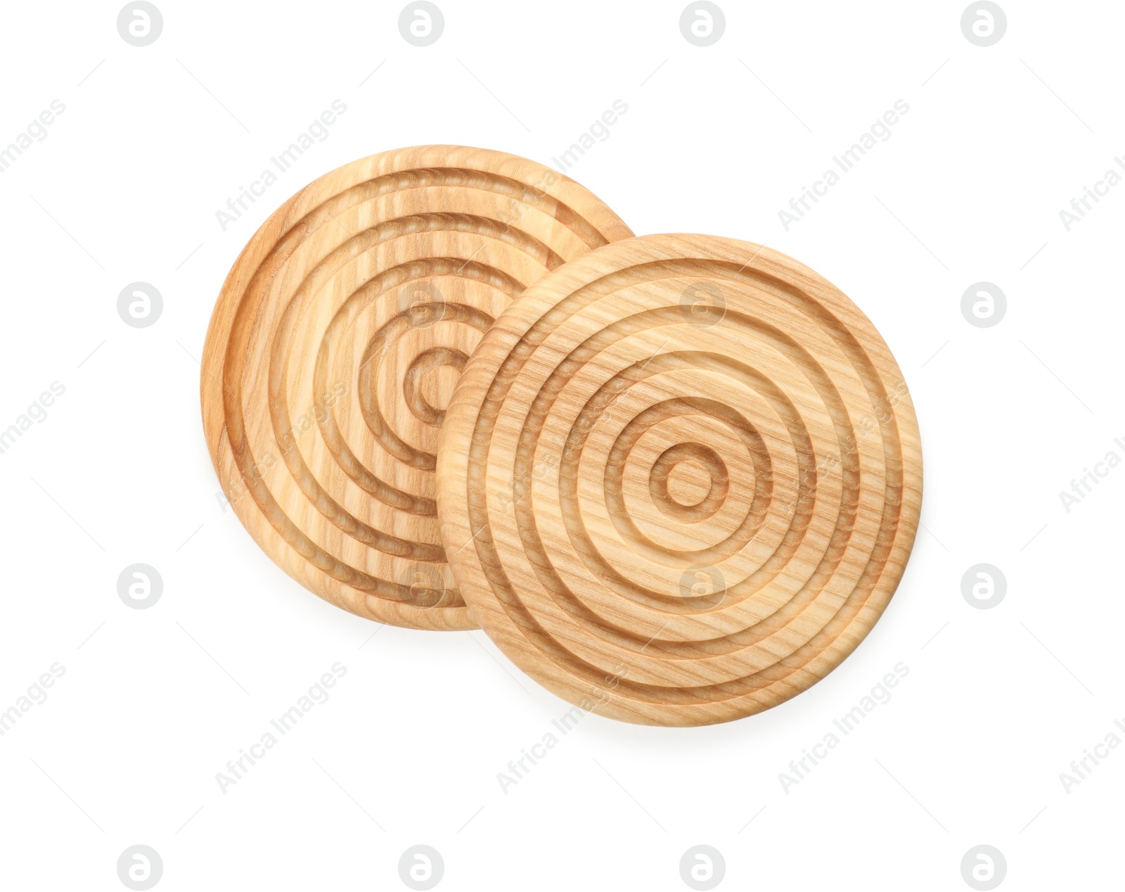 Photo of Wooden cup coasters on white background, top view