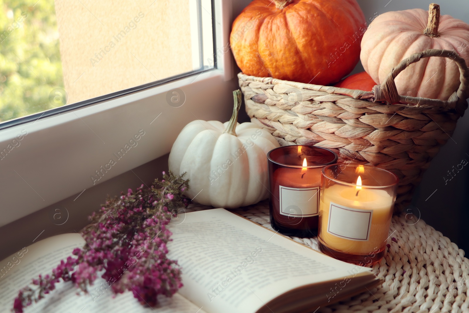 Photo of Beautiful heather flowers, burning candles, open book and wicker basket with pumpkins near window indoors. Space for text