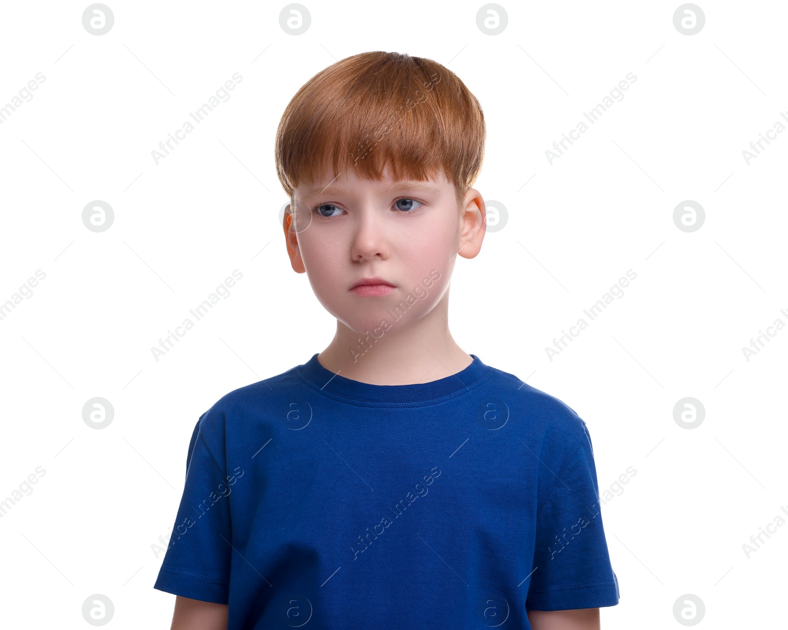 Photo of Portrait of sad little boy on white background