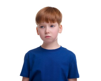 Portrait of sad little boy on white background