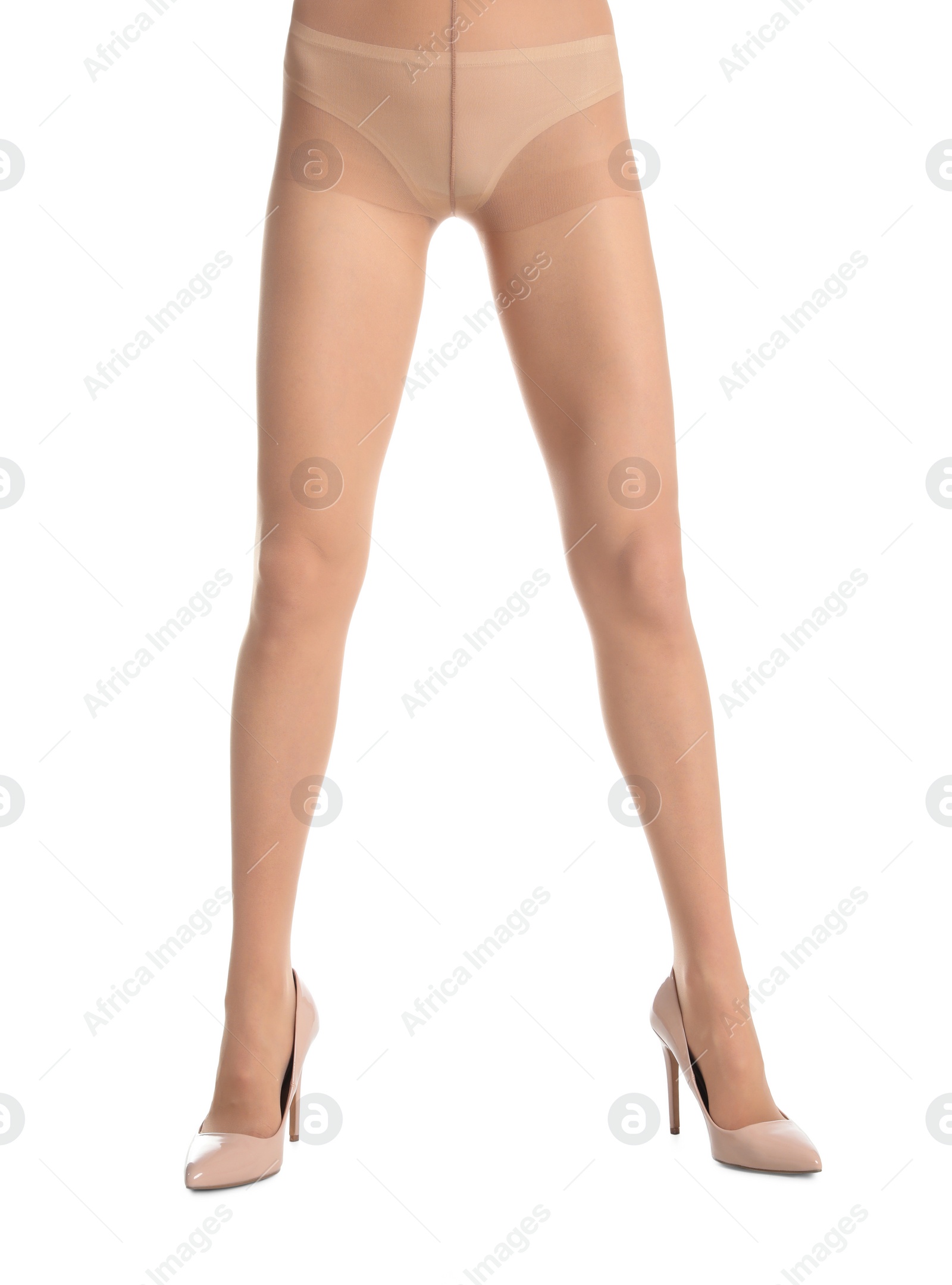 Photo of Woman wearing tights and stylish shoes isolated on white, closeup of legs