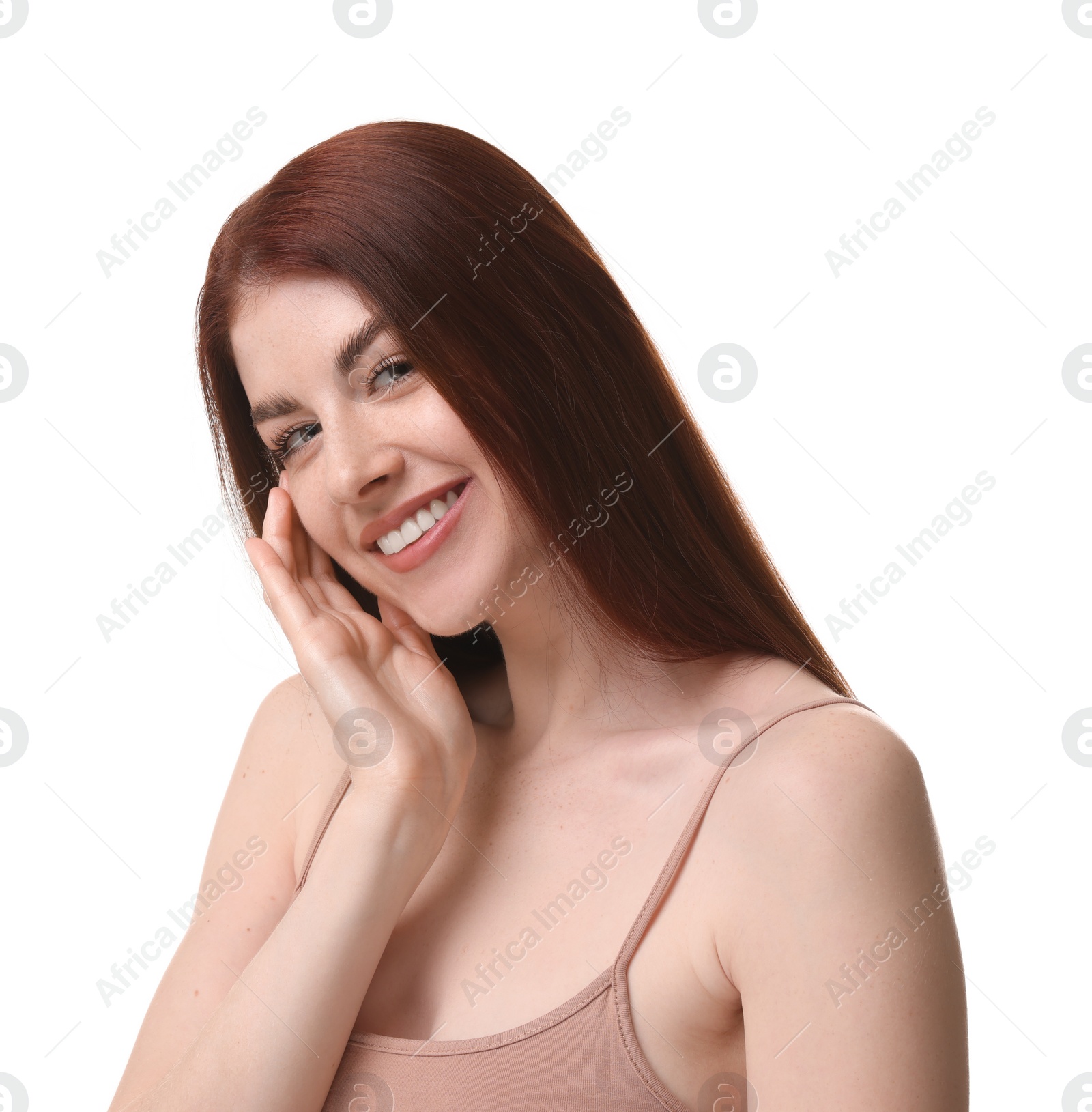 Photo of Portrait of smiling woman on white background