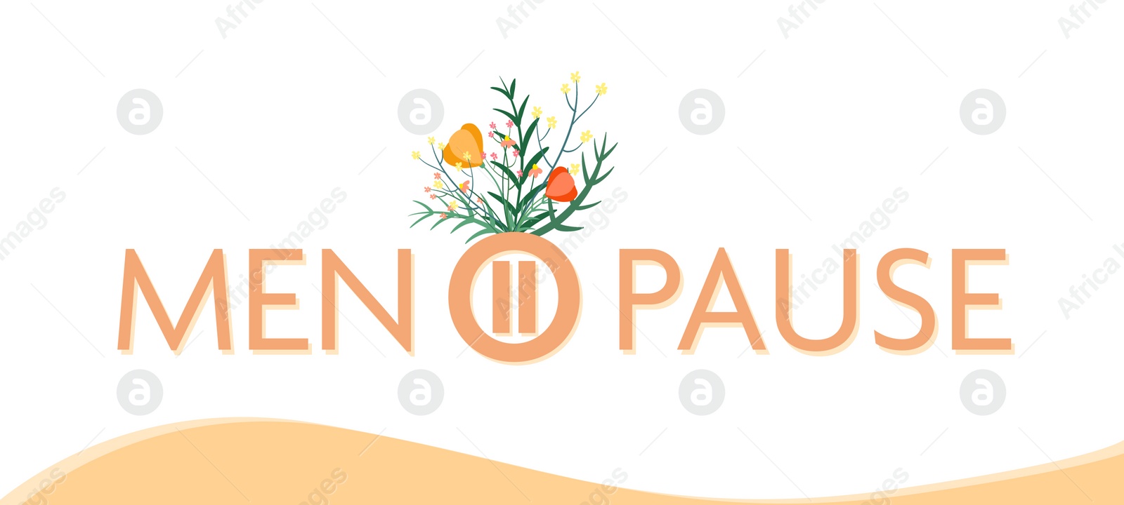 Illustration of Menstrual cycle. Word Menopause with letter O as pause button and flowers illustration on color background, banner design
