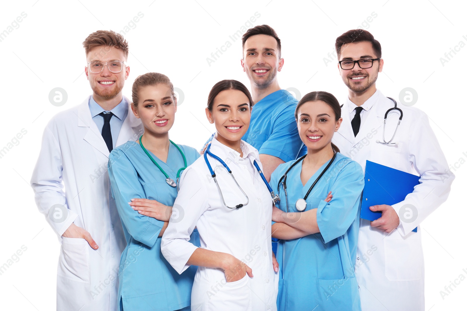 Photo of Group of medical doctors isolated on white. Unity concept