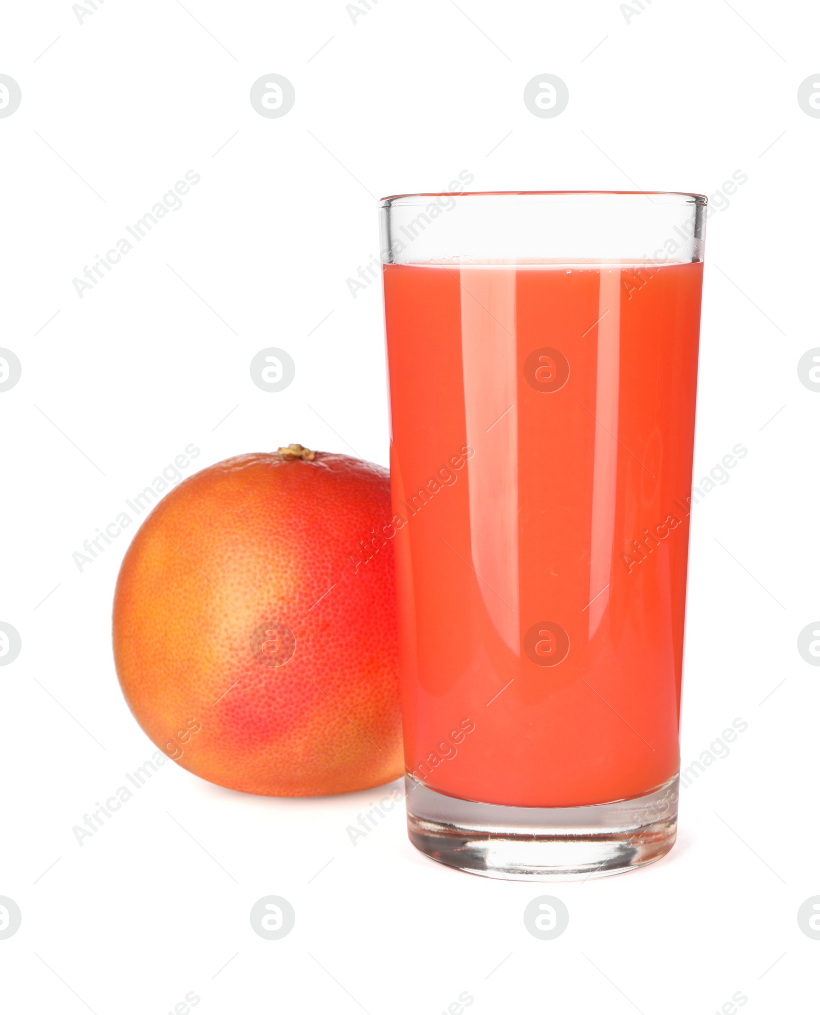 Photo of Tasty grapefruit juice in glass and fresh fruit isolated on white