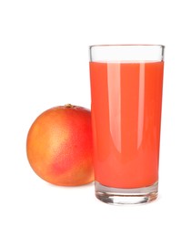 Photo of Tasty grapefruit juice in glass and fresh fruit isolated on white