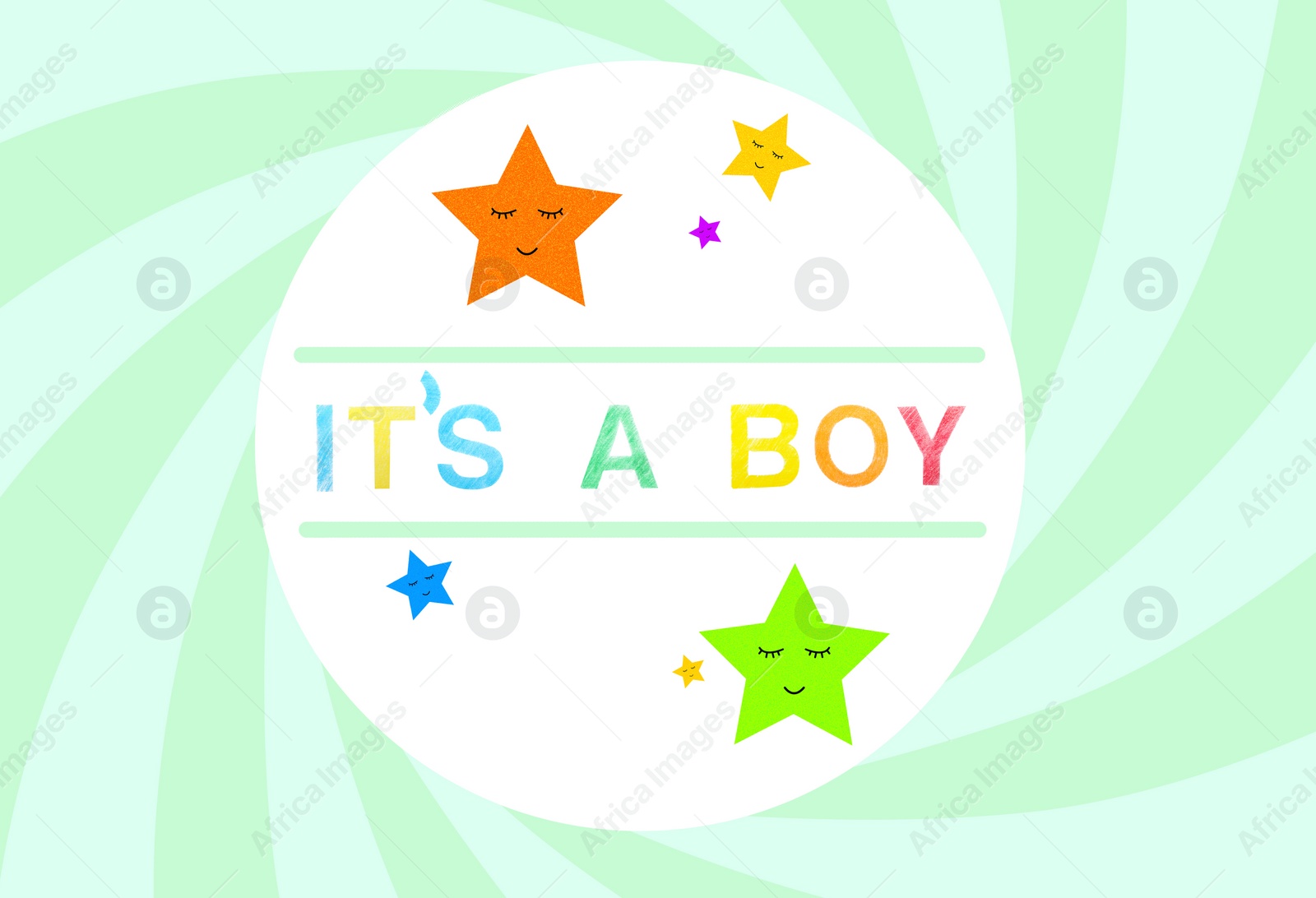 Image of Phrase ITS A BOY and cute illustration of stars with funny faces. Baby shower party