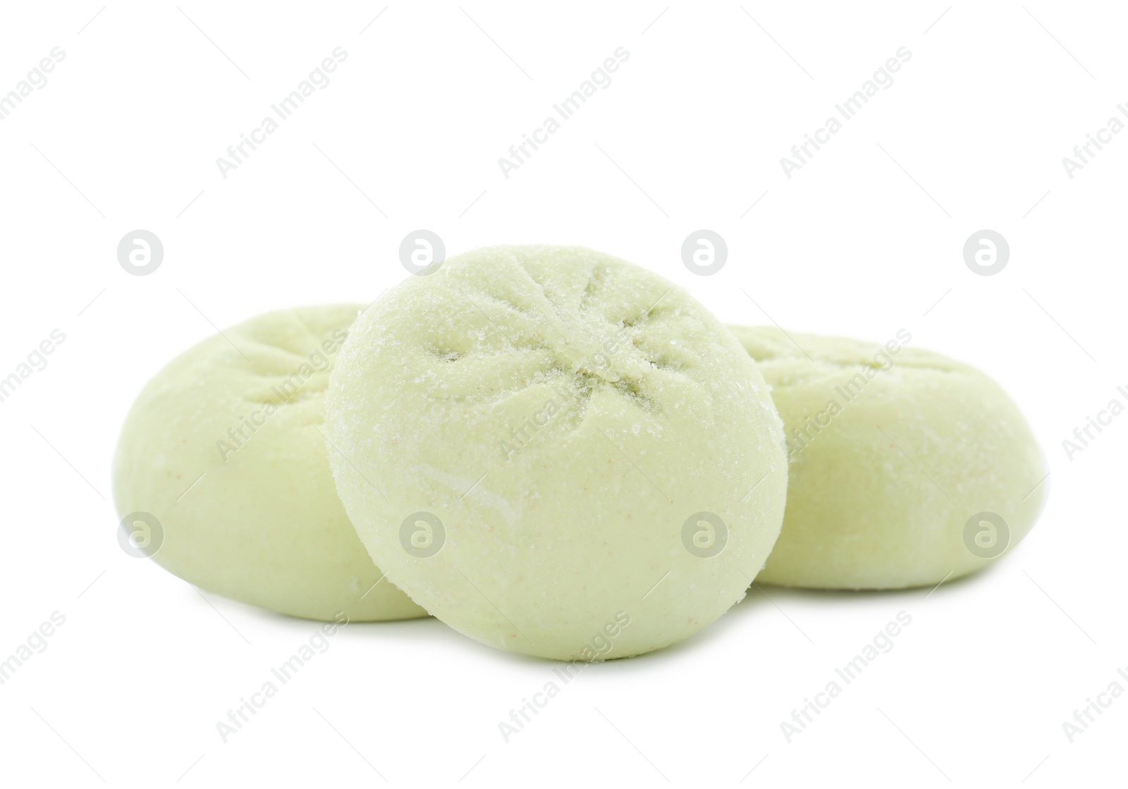 Photo of Raw dumplings with tasty filling on white background