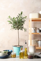 Fresh olive oil and kitchen utensils on table