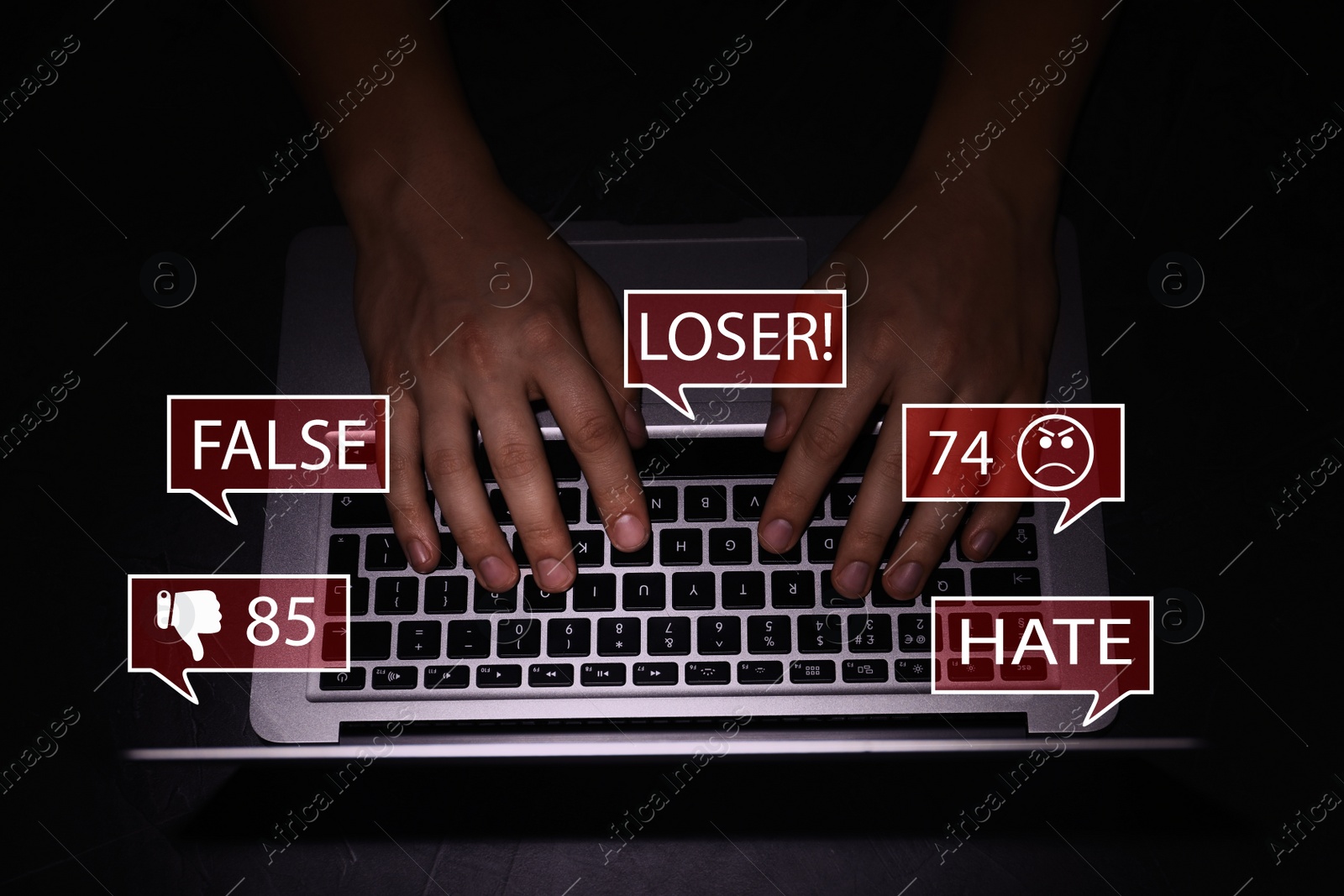 Image of Man using laptop and icons with offensive messages, closeup. Cyber bulling concept