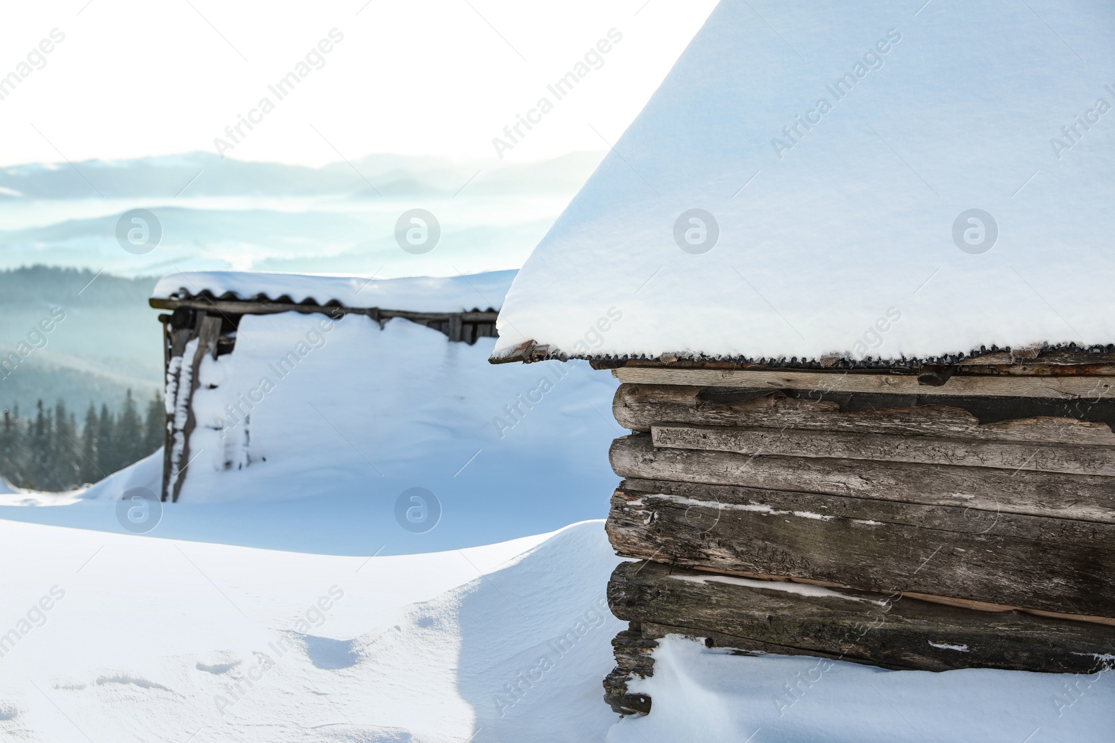 Photo of Wooden house covered with snow on sunny day. Winter vacation