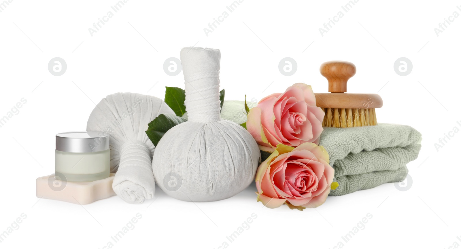 Photo of Beautiful spa composition with different care products and flowers on white background