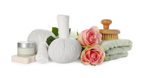 Photo of Beautiful spa composition with different care products and flowers on white background