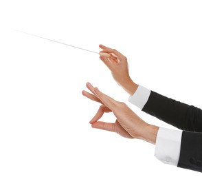 Photo of Professional conductor with baton on white background, closeup