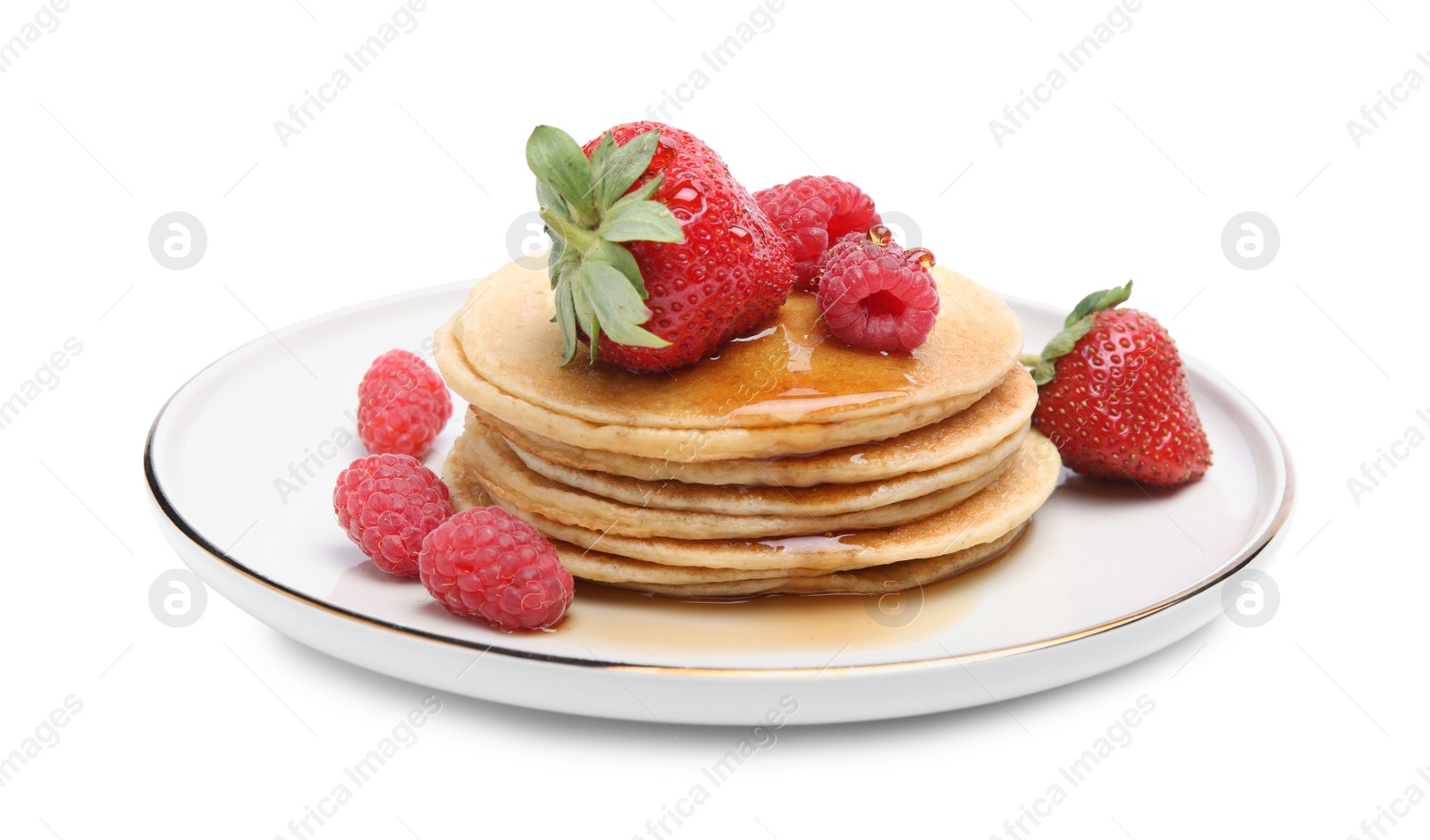 Photo of Tasty pancakes with fresh berries and honey on white background