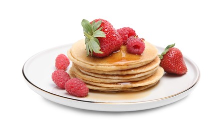 Tasty pancakes with fresh berries and honey on white background