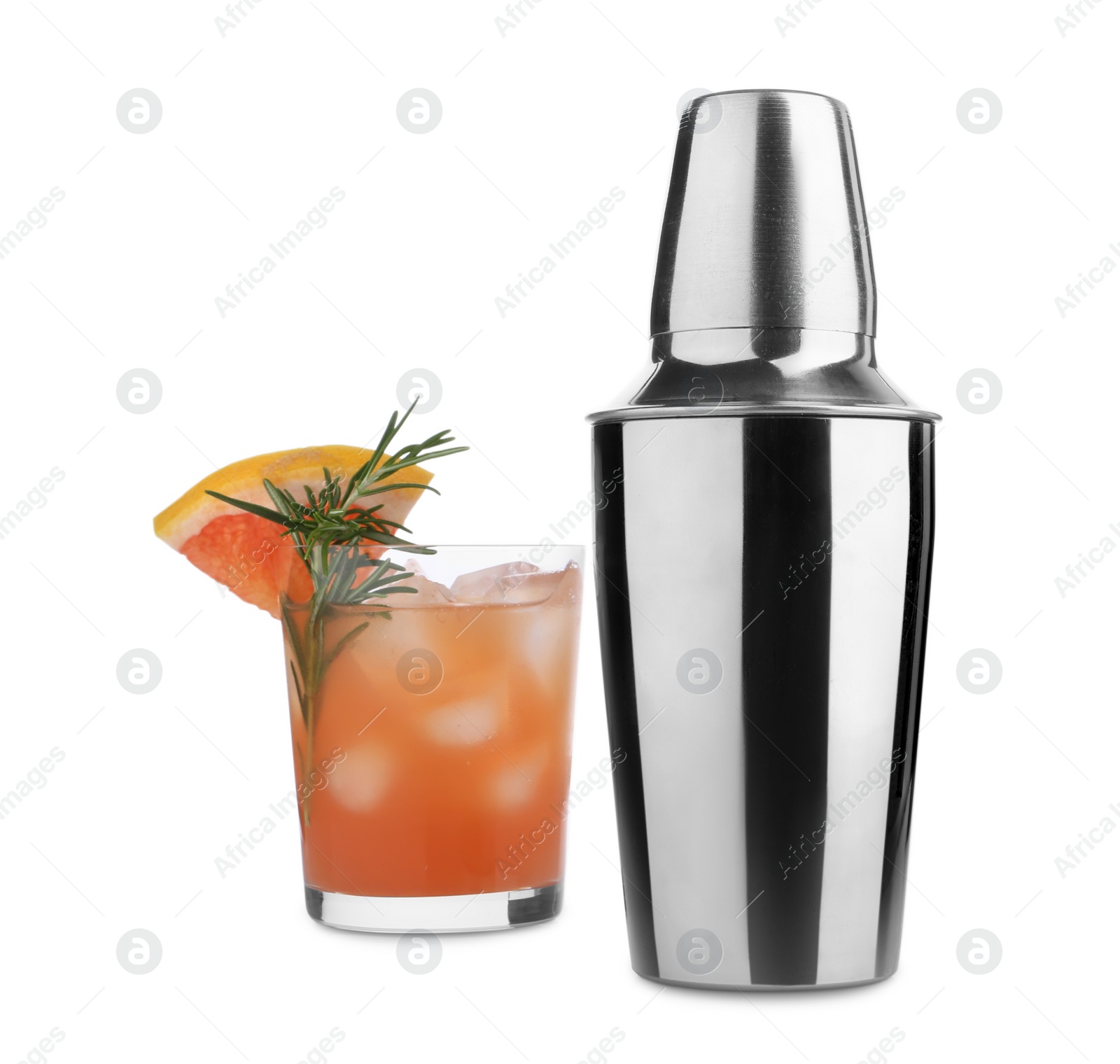 Photo of Metal shaker and delicious cocktail isolated on white