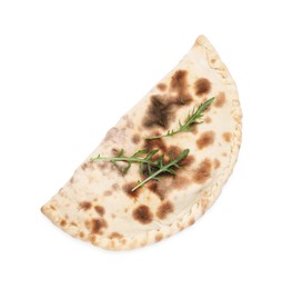 Delicious calzone on white background, top view