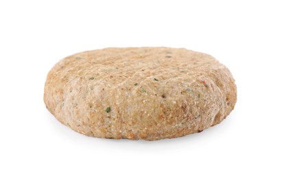 Photo of One raw vegan cutlet with breadcrumbs isolated on white