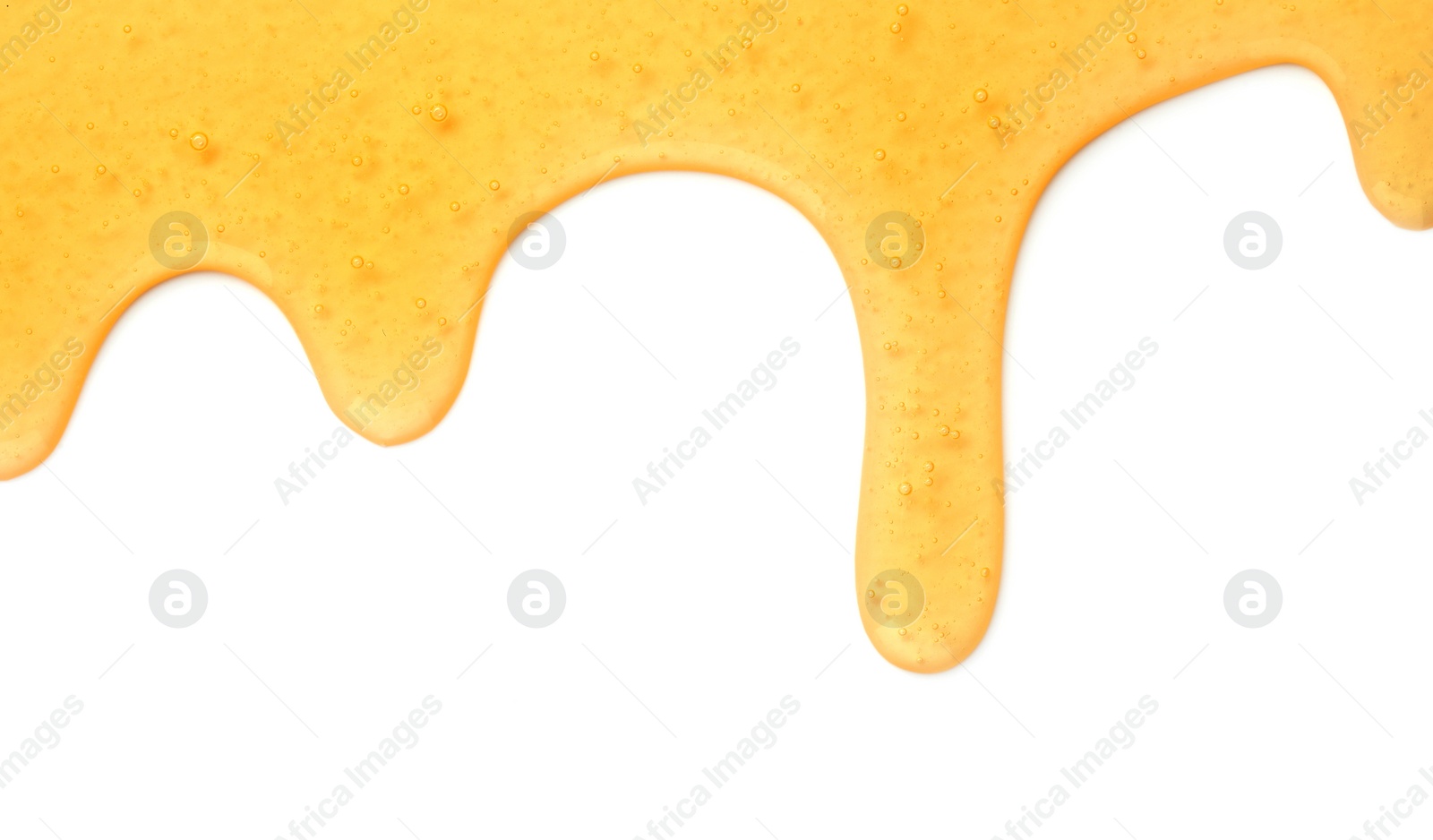 Photo of Tasty natural honey drips isolated on white, top view