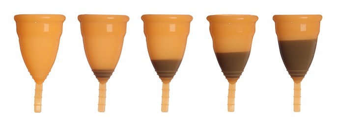 Image of Orange menstrual cups on white background, collage. Banner design