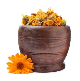 Photo of Wooden mortar with dry and fresh calendula flowers on white background