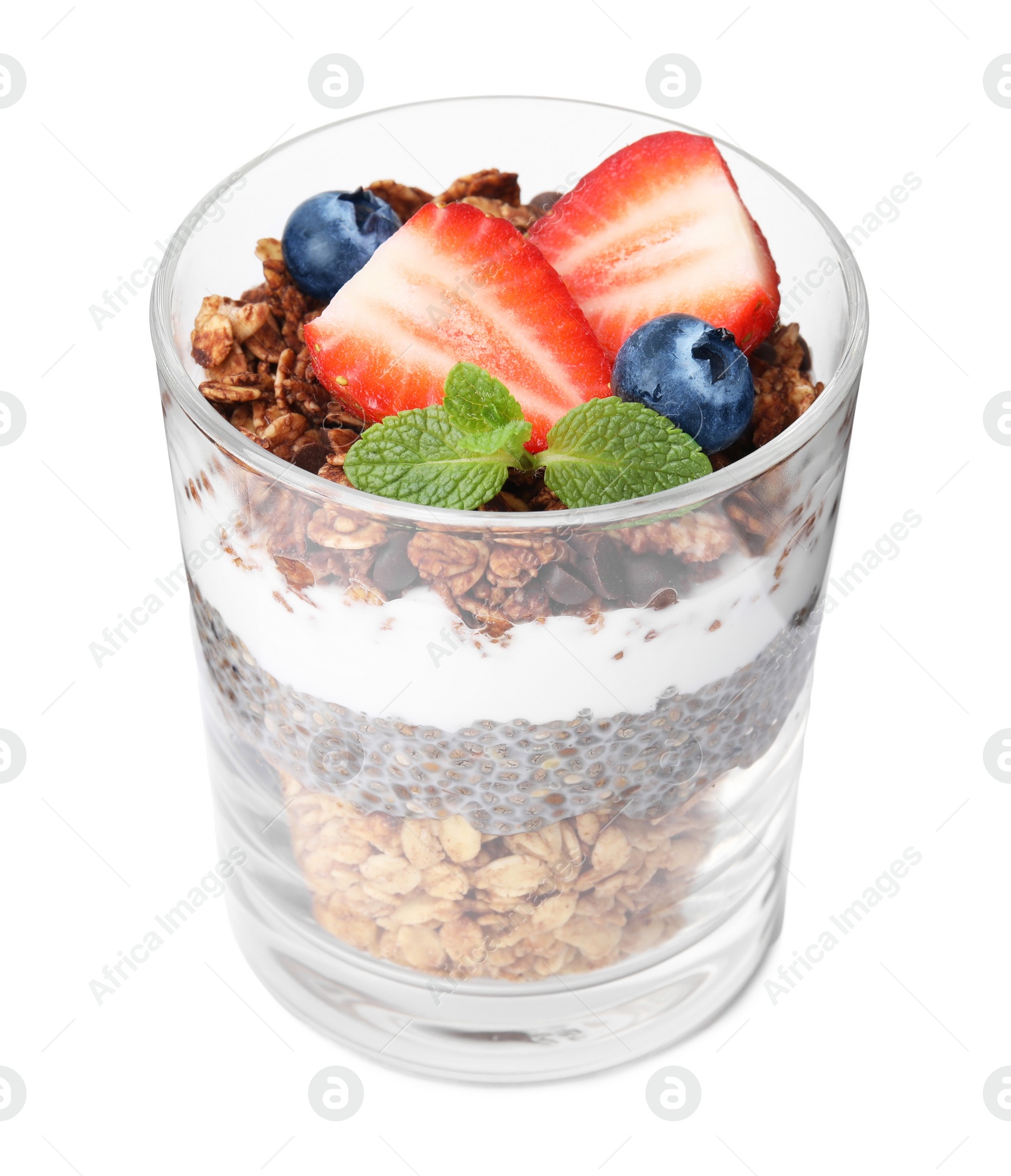 Photo of Tasty granola with berries, yogurt and chia seeds in glass isolated on white