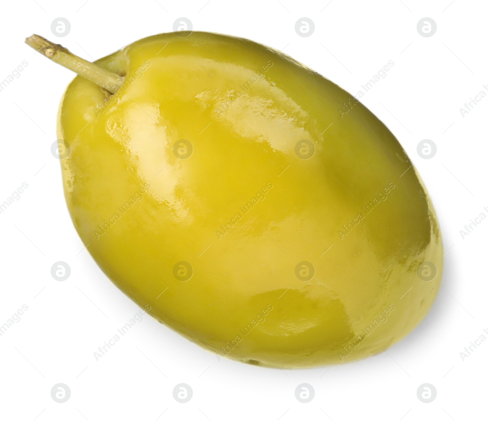 Photo of One fresh green olive isolated on white, top view