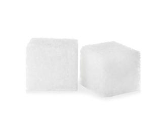 Photo of Pure refined sugar cubes isolated on white