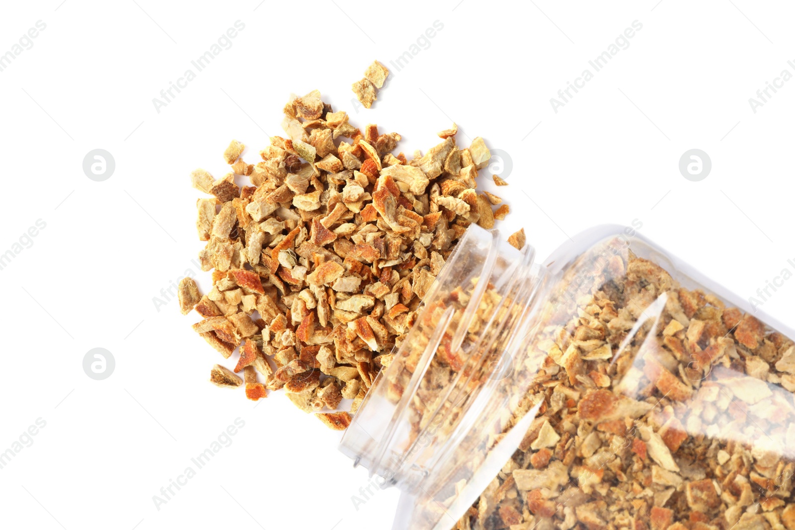 Photo of Jar of dried orange zest seasoning isolated on white, top view