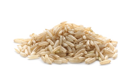 Photo of Pile of brown rice on white background