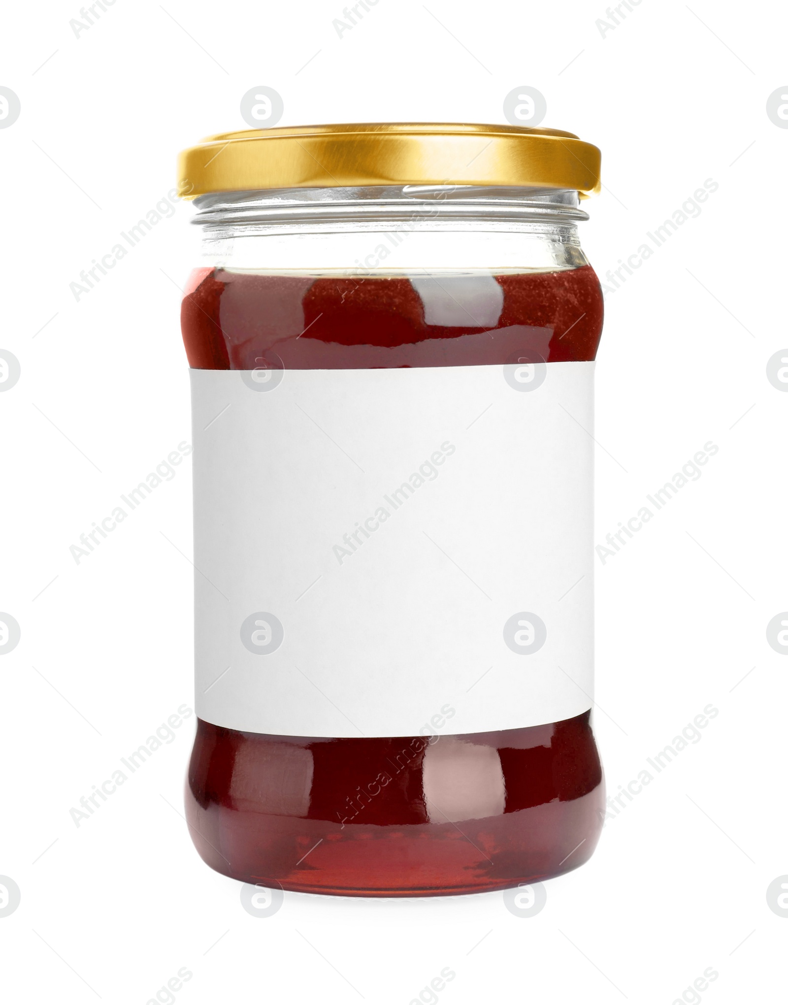 Photo of Glass jar of buckwheat honey with blank label isolated on white
