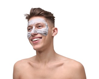 Handsome man with clay mask on his face against white background